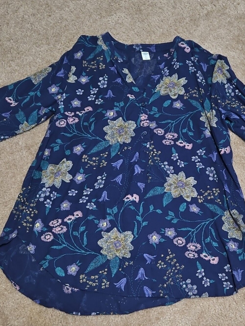Old Navy Navy Floral V-Neck Blouse/ Tunic